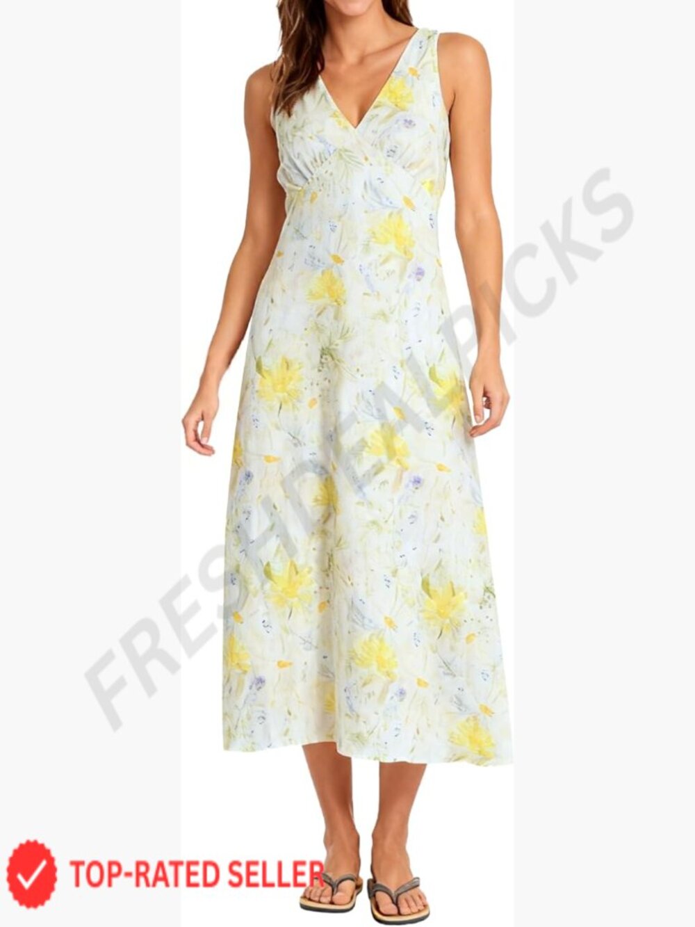 Linen Sleeveless V Neck A-Line Midi Beach Summer Dress